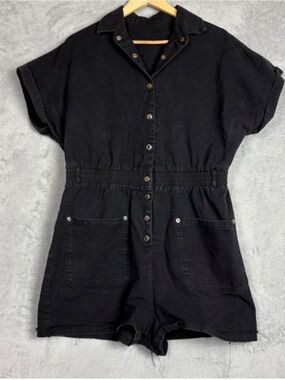 Black Denim Utility Romper Short Sleeve Button Front Raw Hem XL Festival